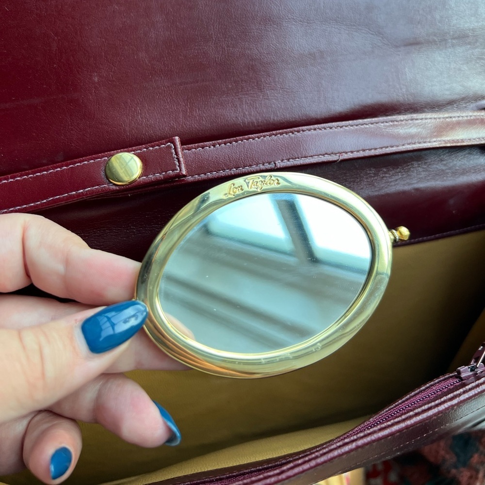 Lou Taylor Burgundy Leather Envelope Shoulder Bag with Mirror - Picture 2 of 11